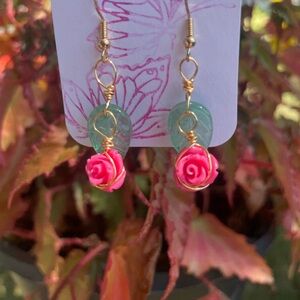 Pink Rose Dangles with leaf